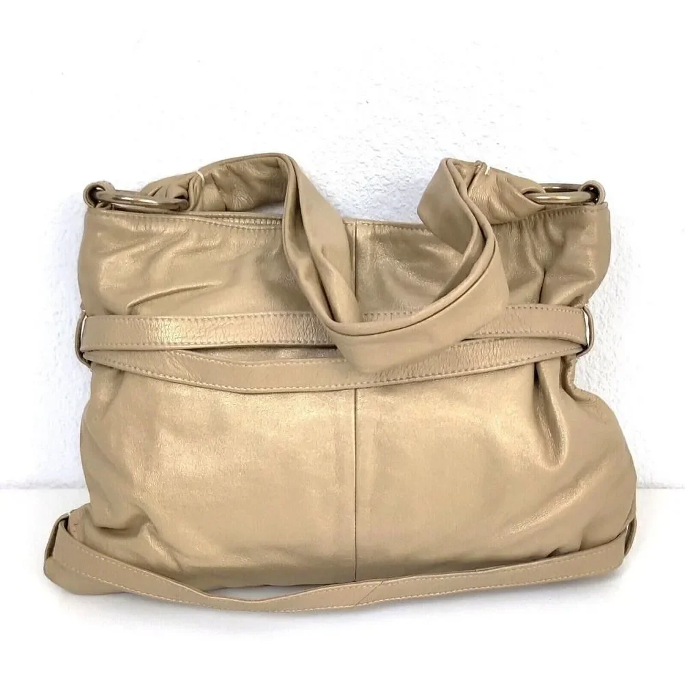 LARGE Goldenbleu GOLD GENUINE LEATHER PINK SUEDE LINED SHOULDER BAG HOBO